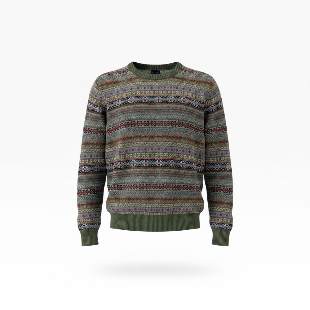 J.Crew Mens Fair Isle Lambswool Blend Crewneck Sweater Green Multi BU448 Size L